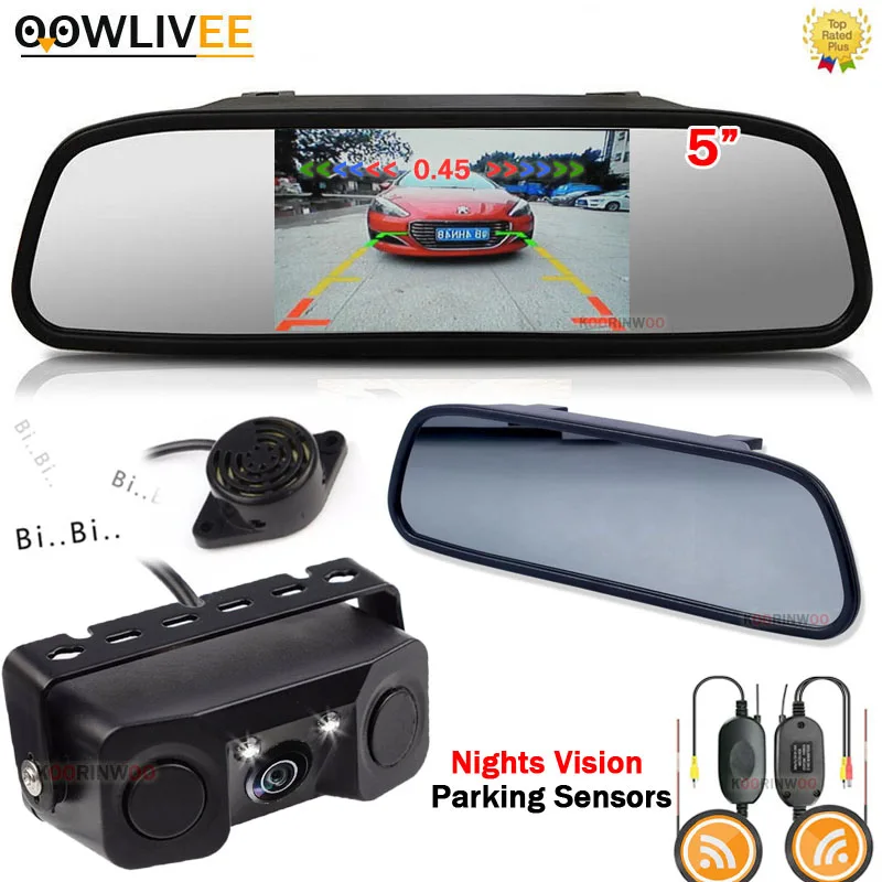 OOWLIVEE Visible Wireless Car Parktronics Car Parking Sensors 2 camera + 5 inch LCD Screen Mirror Radar Reflector Car Blind Spot