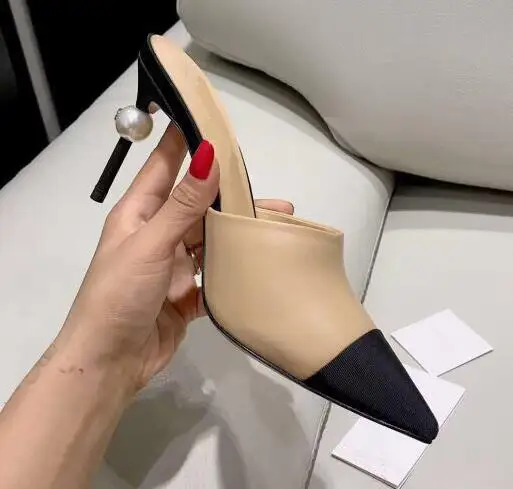 Carpaton Fashion Pointed Toe buty na wysokim obcasie mieszane kolory perły ozdoby cienkie czółenka Sexy muły buty czarny biały