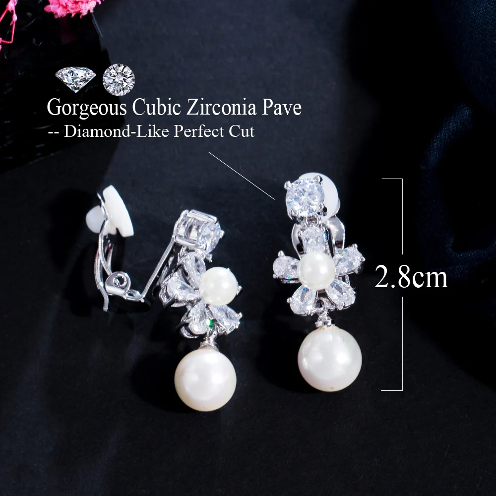 CWWZircons No Ear Hole Non Pierced Design CZ Crystal Flower Women Wedding Party Clip On Pearl Earrings without Piercing CZ040