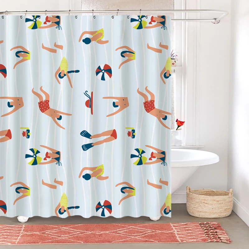 Swimming Theme Shower Curtain Cartoon Printing Partition Hanging Water Resistance Fabric for Bath Home Bathroom Decor