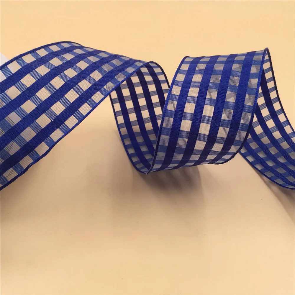 38MM X 25 Yards Royal Blue Plaid Check Organza  Wire Edge Ribbon for Birthday Decoration Gift Wrapping 1-1/2