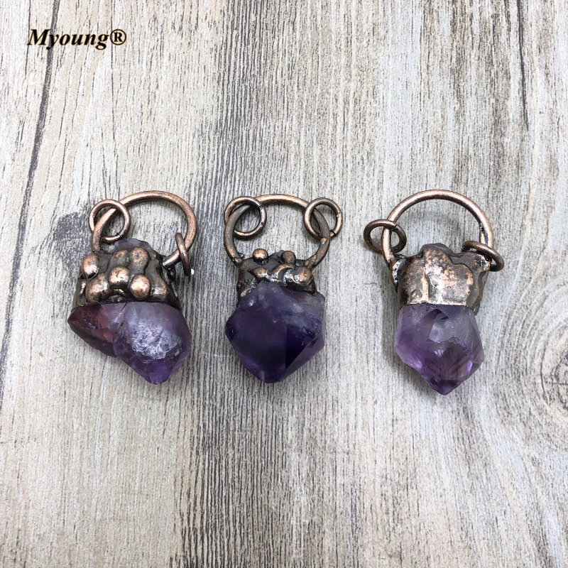 Antique Copper Plated Amethysts Point Vintage Pendant BOHO Crystal Quartz Birth Stone Charms Necklace Jewelry Making MY210472