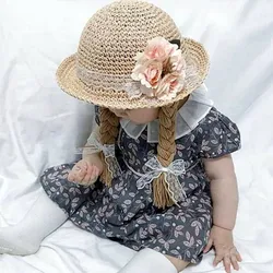 Spring Summer Baby Kids Girl Sun Block Beach Hat Hair Pigtail Braid Wig Bucket Cap Children Girls Princess Flower Straw Hat Cap