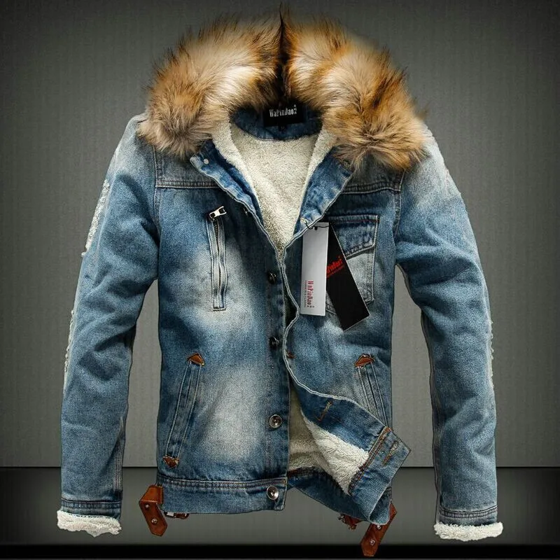 

Winter Thick Denim Jacket Men Fur Collar Retro Ripped Men Warm Fleece Jeans Parkas Winter Casual Coat Parkas for Male