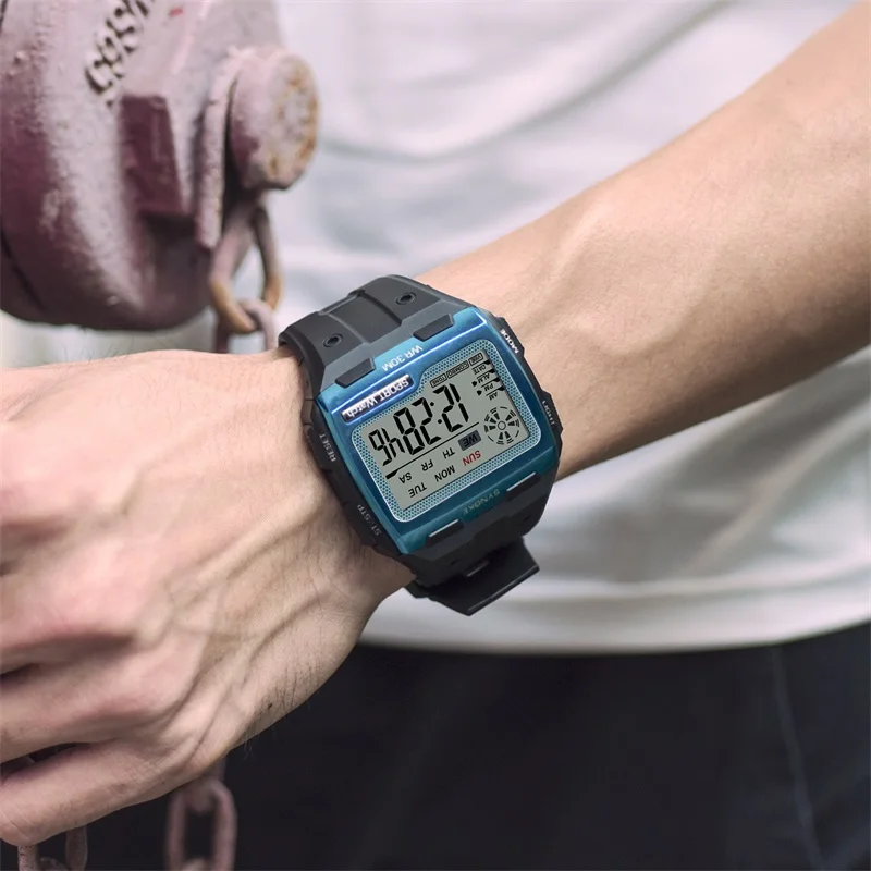SYNOKE Mens Digital Watches Big Square Dial Alarm Week Resistant Repeater Chronograph Multifunction Digital Sport Watch