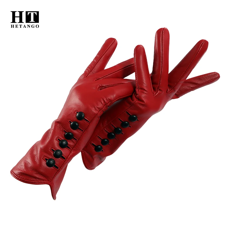 New Women Genuine Leather Gloves, Winter Ladies High Quality Goat Skin Warm Mittens, Buckle Decoration Colored Fashion Gloves