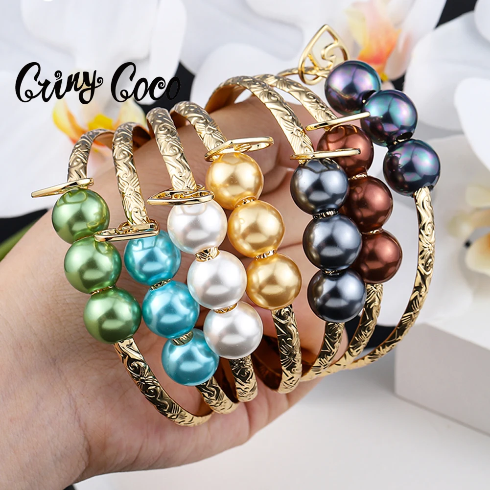 Cring Coco Hawaiian Polynesian Bracelets Fashion Copper Charm Heart Pearl Gold Plated Bangle Bracelet for Women Mother's Day