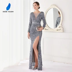 DEERVEADO Women's Mermaid Deep V Neck Evening Dress Elegant Gray Sequin Formal Dress Long Prom Dresses