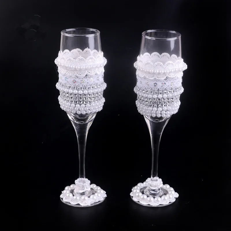 

1 pair/lot Pearl Wedding Bridal Shower Gift wedding Champagne Toasting Glasses Set lace wedding wine cup