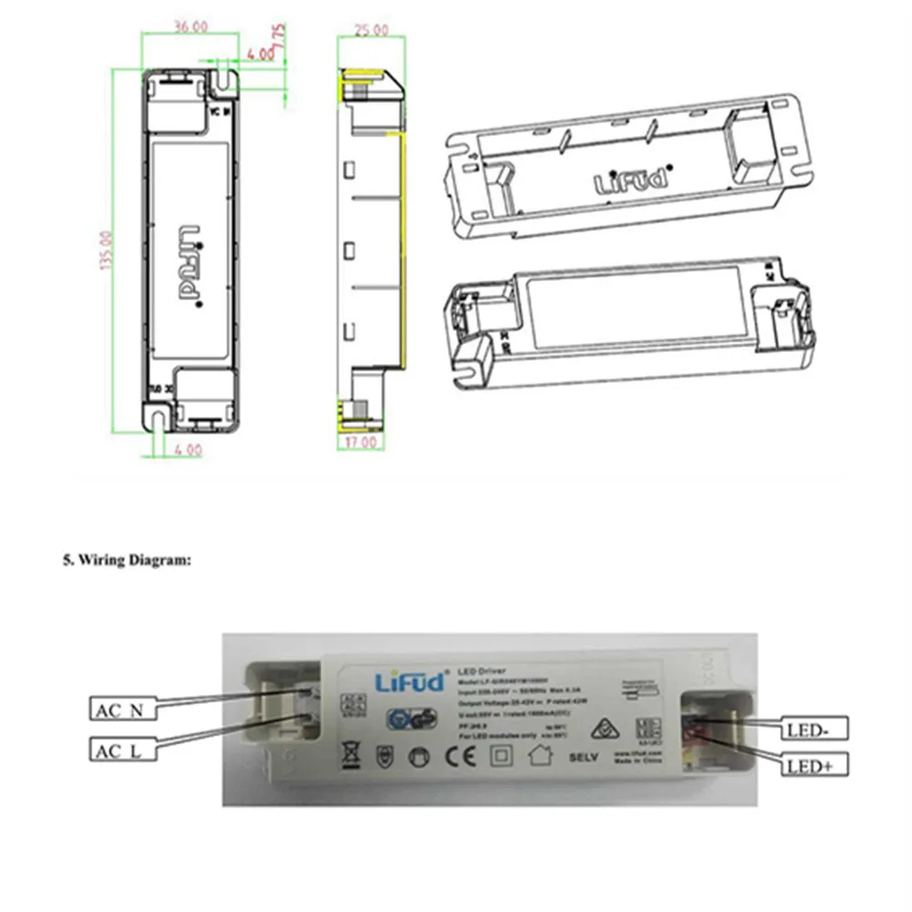 クラスII用LEDドライバーパネル,AC 220-240v,LF-TN040YS1000H, 40w,1000ma,dc 33-40v