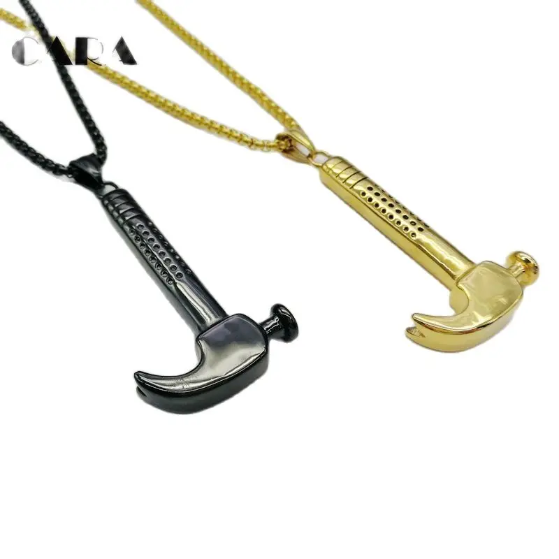 

New Gold Color Hammer pendant necklace mens fashion plated 316 stainless steel Hammer tool necklace hip hop jewelry CARA0296