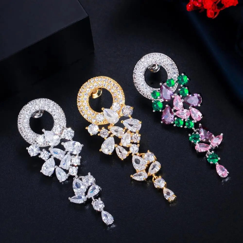 Pera Trendy Bohemia Jewelry Big Circle Round Cubic Zirconia Long Colorful CZ Leaf Dangle Drop Earrings for Women Party Gift E317