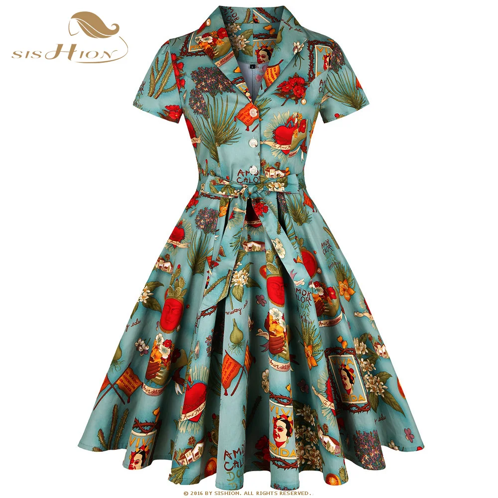 

Short Sleeve Swing Retro Rockabilly Vintage Dress SD0002 Green Floral Print A Line Cotton Women Summer Dress