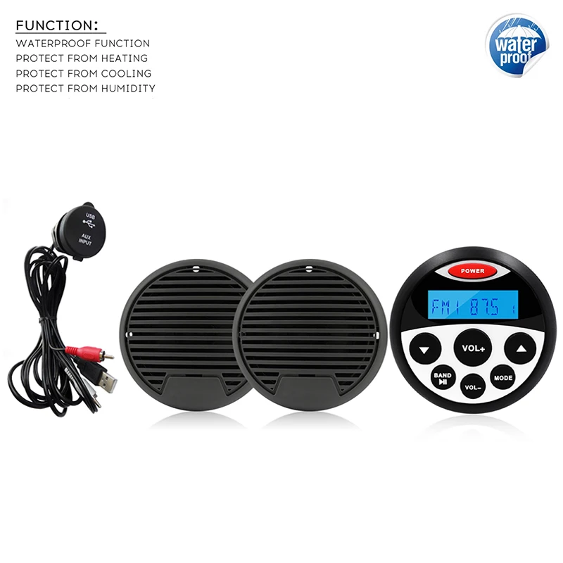 

Waterproof Marine Radio Bluetooth Boat Stereo Audio AM FM Media Receiver Car MP3 Player+3Inch Marine Speakers+Marine USB Cable