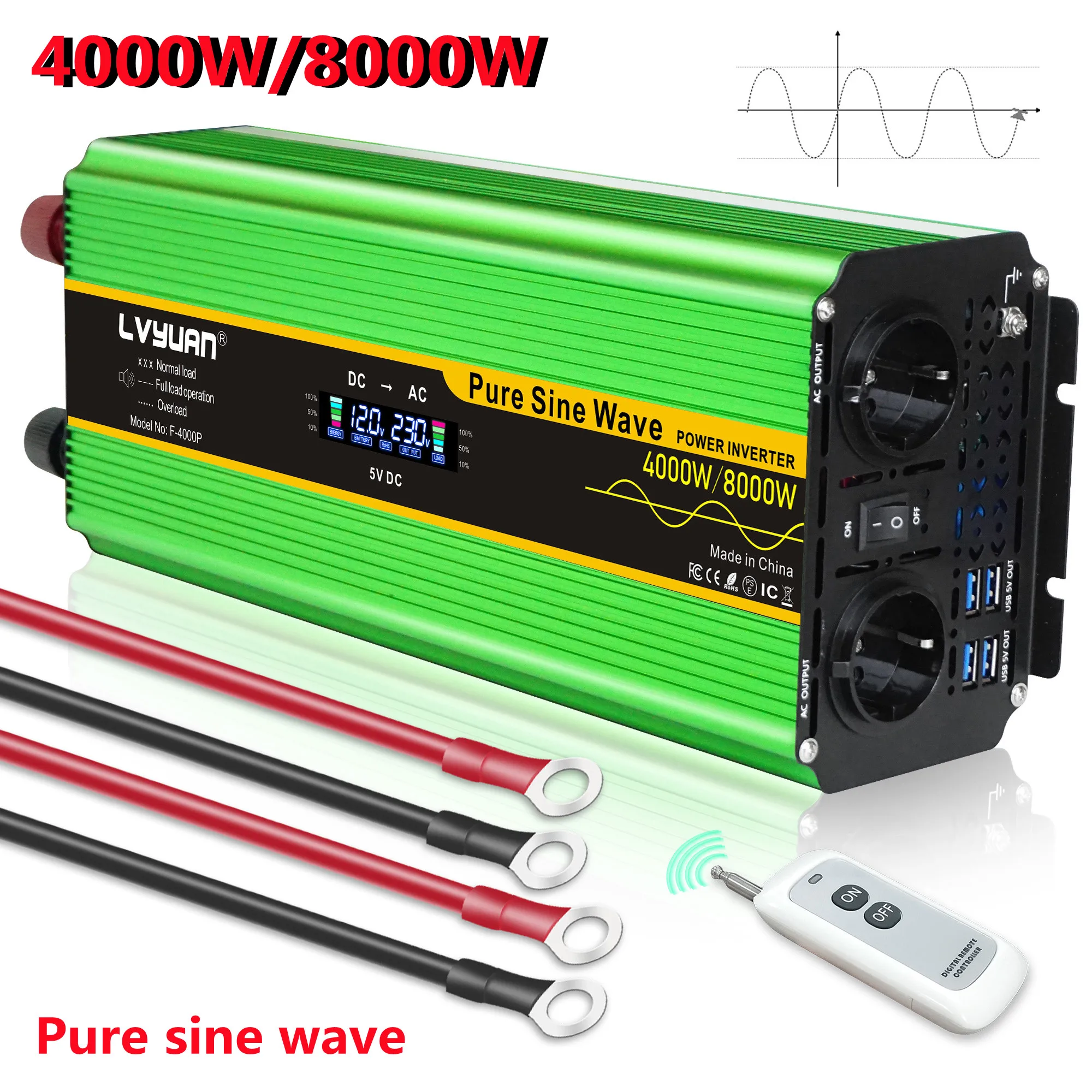 4000W/8000W Car Inverter 2 Socket 12v 220v EU LCD Large Power Solar Pure Sine Wave Ac 220v With 4 USB