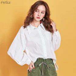 ARTKA 2020 Spring New Women Blouses 100% Cotton Solid White Casual Turn-down Collar Shirt Lantern Sleeve Shirts Women SA10095Q