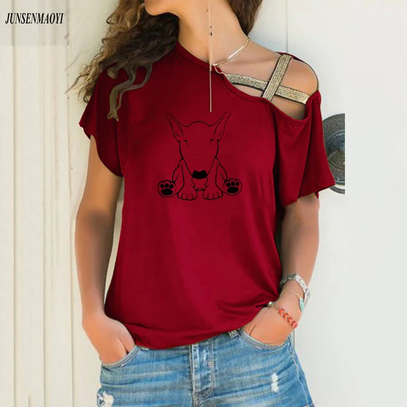 Women fashion Summer new Bull Terrier Dog print graphic t shirts Causal Short Sleeve t shirt Irregular Skew Cross Bandage Tops