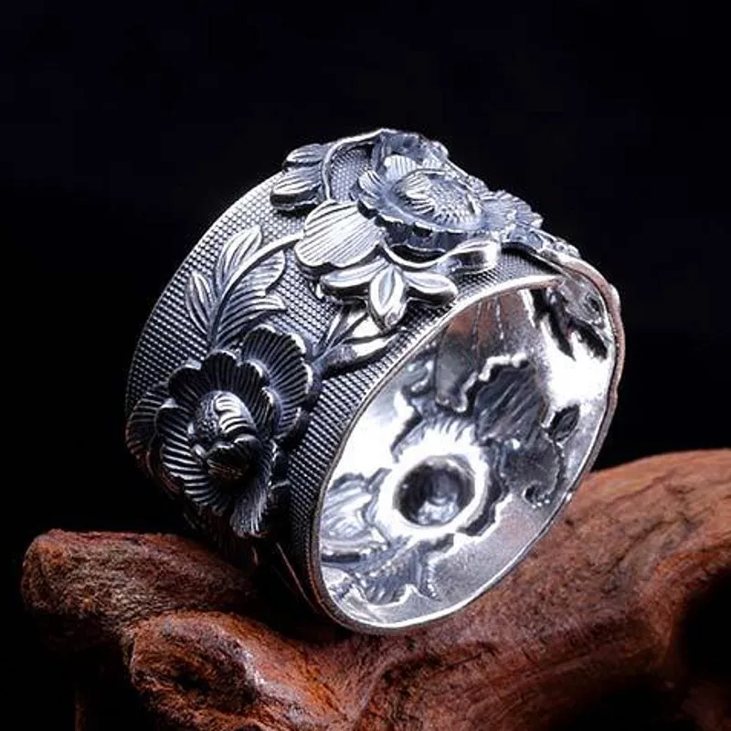 BOCAI  Real S990 Pure Silver Ring For Female Peony Flower Embossed  Rich And Fashionable Woman Rings