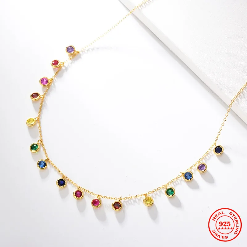 YIZIZAI 925 Sterling Silver Rainbow Round Colorful gemstone Chain Clavicle Necklace For Women Wedding European Fashion Jewelry