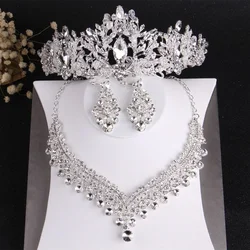 Baroque Luxury Crystal Beads Bridal Jewelry Sets Rhinestone Tiaras Crown Necklace Earrings Set Wedding African Hair Jewelry Set