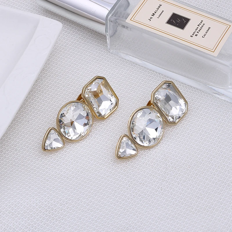 Trendy Big Geometric Transparent Glass Stone Clip On Earrings No Pierced for Women Boho Style Ear Clips with golden brincos