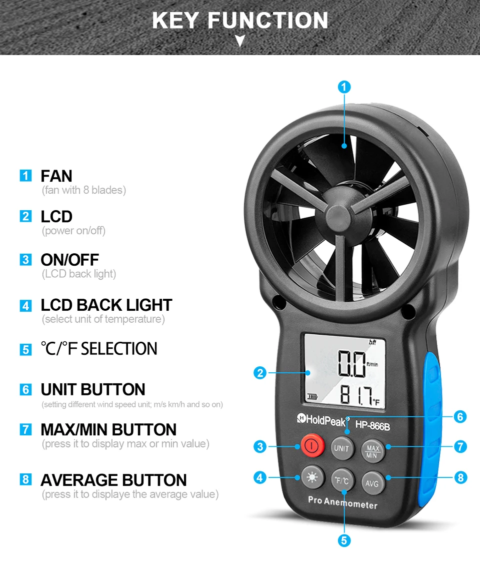 HoldPeak HP-866B Digital Anemometer Wind Speed Meter Measures Wind Speed Temperature Wind Chill HP866 Measure Tool droshipping