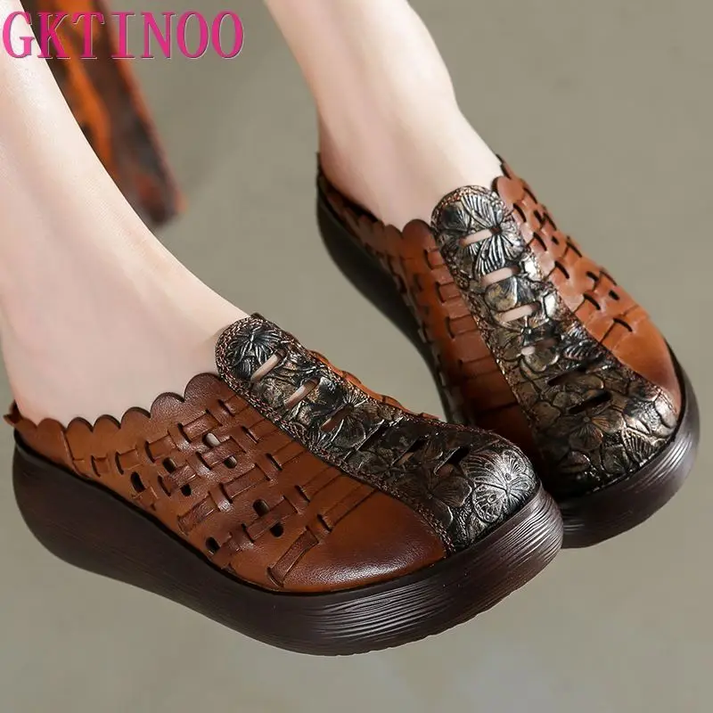 GKTINOO 2024 Retro Slippers Genuine Leather Shoes Handmade Slides Flip Flop On The Platform Clogs For Women Hollow Woman Slipper