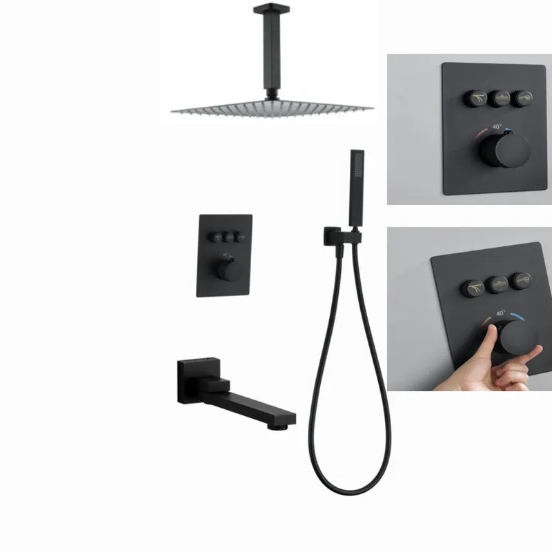 button matte black square Rain Shower Head 3 wayThermostatic Bath Shower Set ceiling arm thermostatic shower set IS609