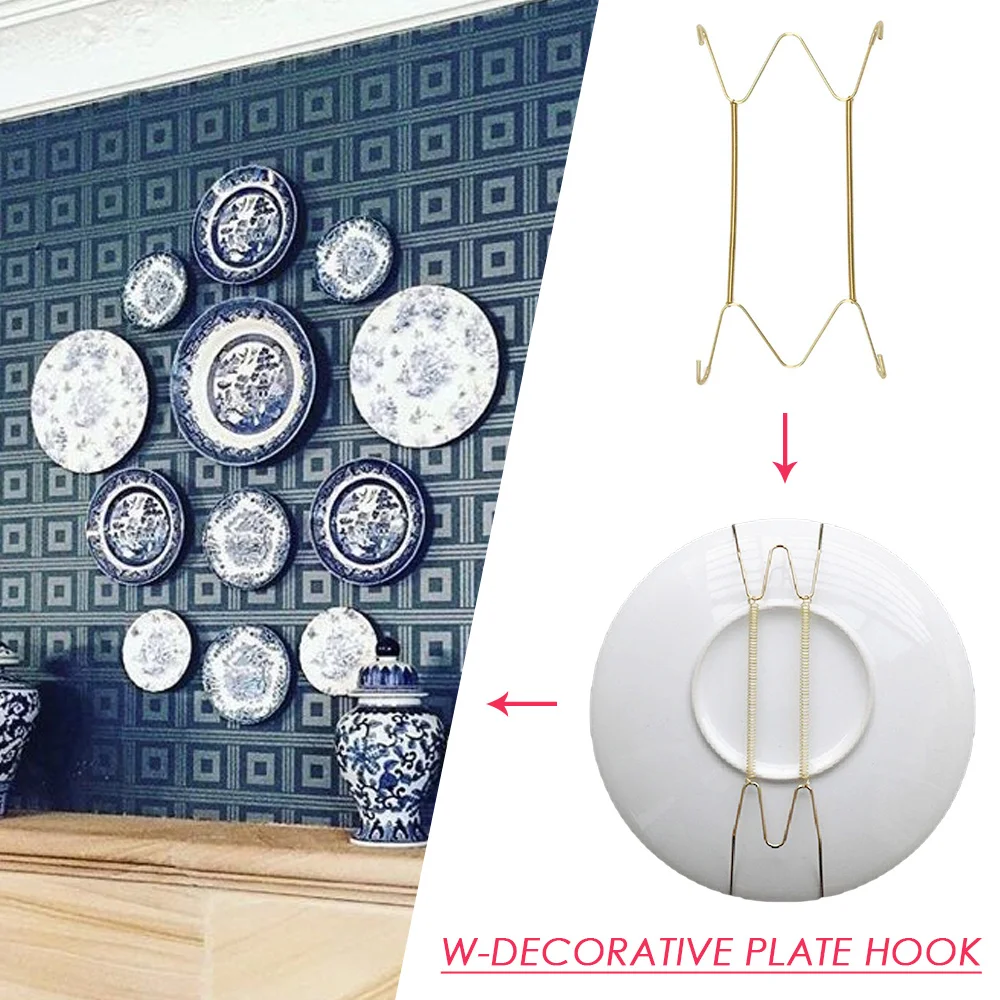 Wall Display Plates Hanger W Type Decoration Crafts Dish Spring Holder Invisible Hook Home Decor 6/7/8/10/12/14/16 Inch