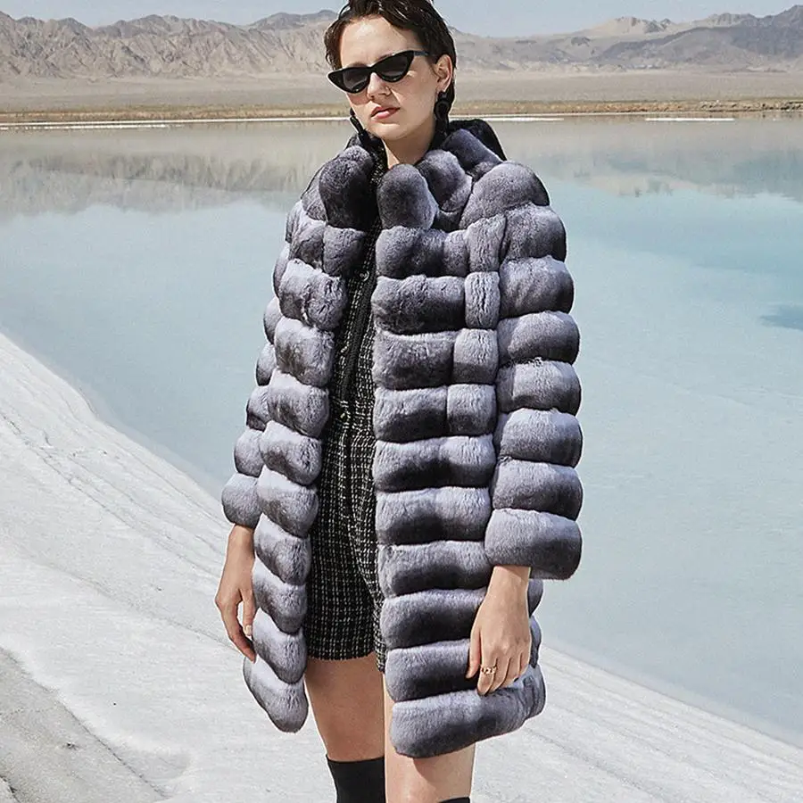 Mid-Length Fur Coat Winter Classic Fashion Rex Rabbit Fur Jacket Chinchilla Color Hot Sell