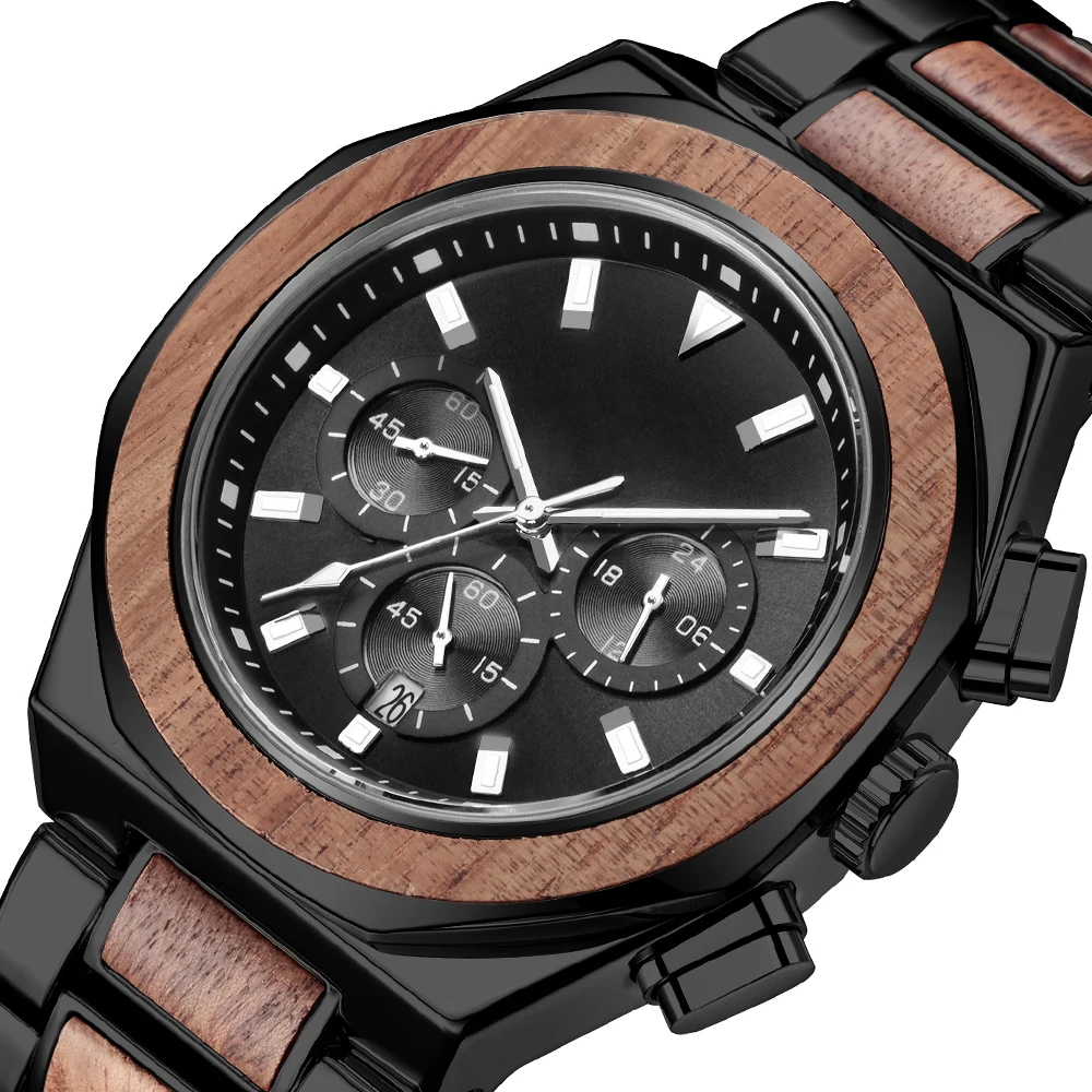 

Chronograph Wooden Wristwatch for Men Quartz Wrist Watches Man Clock Black Vintage Sandalwood Walnut Metal Wood Band Case Reloj