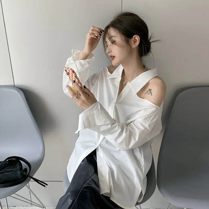 Shirts Women White Fashion Korean Style Vintage Turn-down Collar Office Lady Hollow Out Sexy Off Shoulder Loose Street Elegant