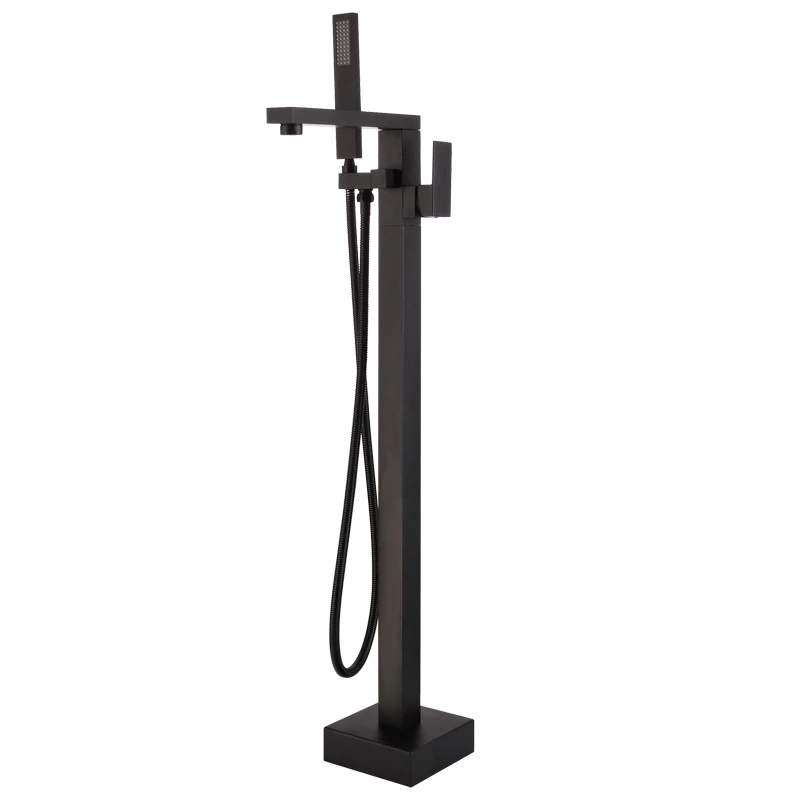 

Free standing Floor Mount Bath Tub Filler Faucet with Handshower Matte Black Square Solid Brass