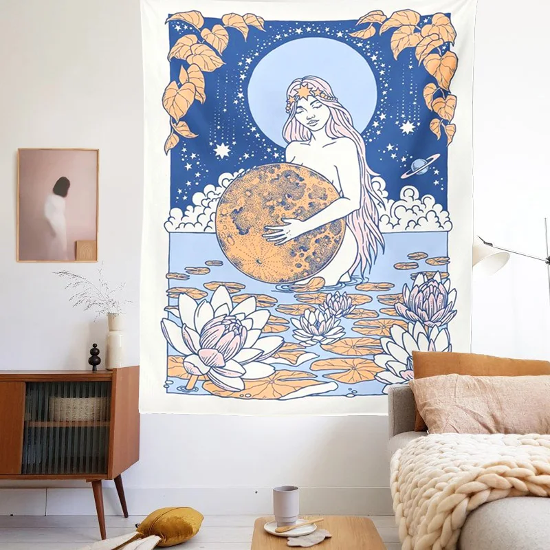 Tarot Card Tapestry Old Vintage Tapestries Witchcraft Astrology Star Moon Goddess Sea Nymph Mermaid Bed Decor Blanket Wall Cloth