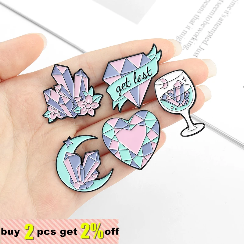 Pink Crystal Ore Enamel Pins Heart Moon Goblet Brooche for Women Backpacks Lapel Pin Cartoon Badge Jewelry Gift Wholesale