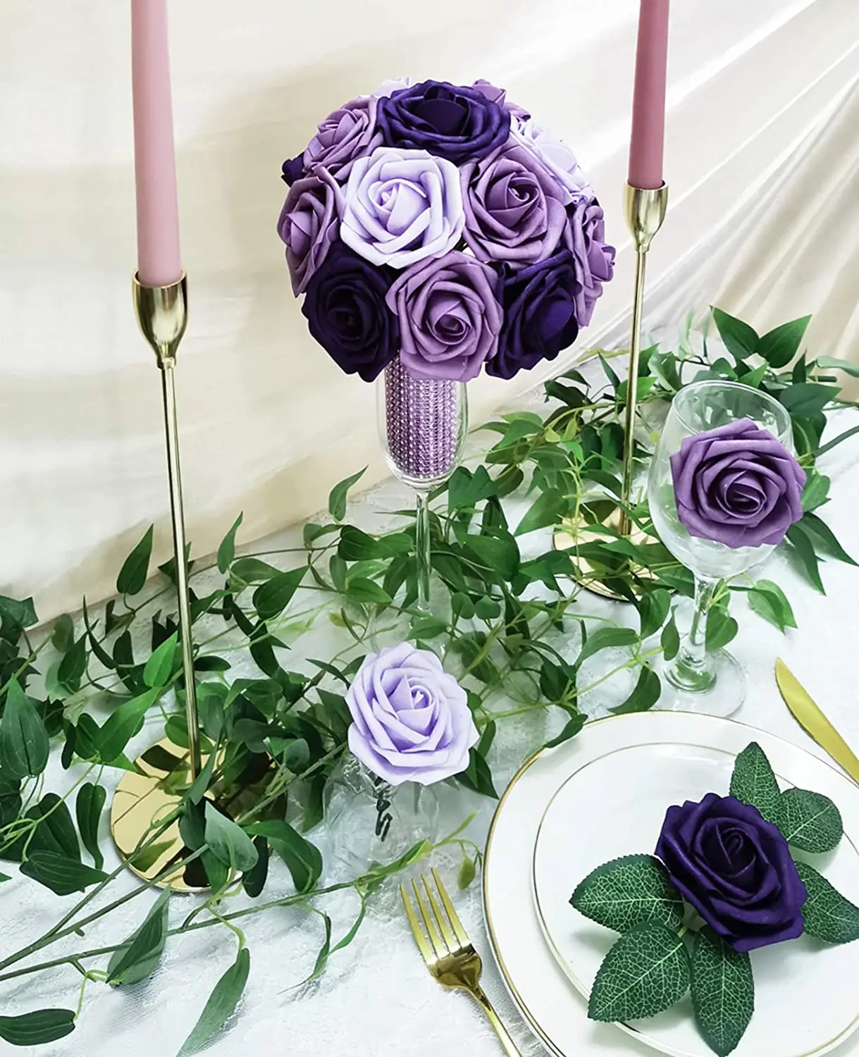 Mefier Home Artificial Flowers 25PCS Real Looking Ombre Colors Purple Fake Roses with Stem for DIY Wedding Party Home Decoration