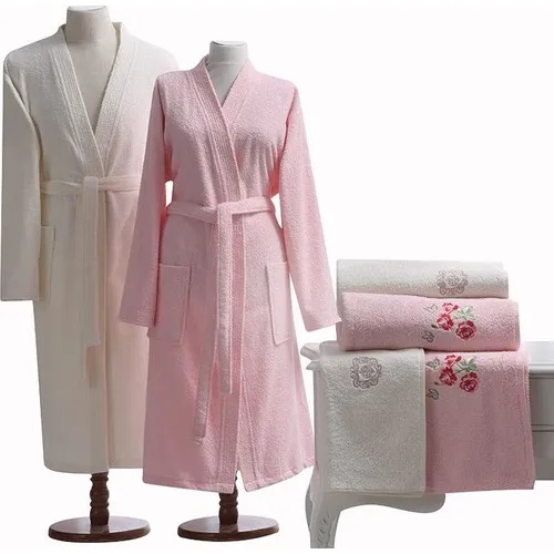 Family Robe Set-Primula Pink-Ecru Shower Bathe Towel For Soft Robe Turkish Made In Turkey Manufacture Special Healthy