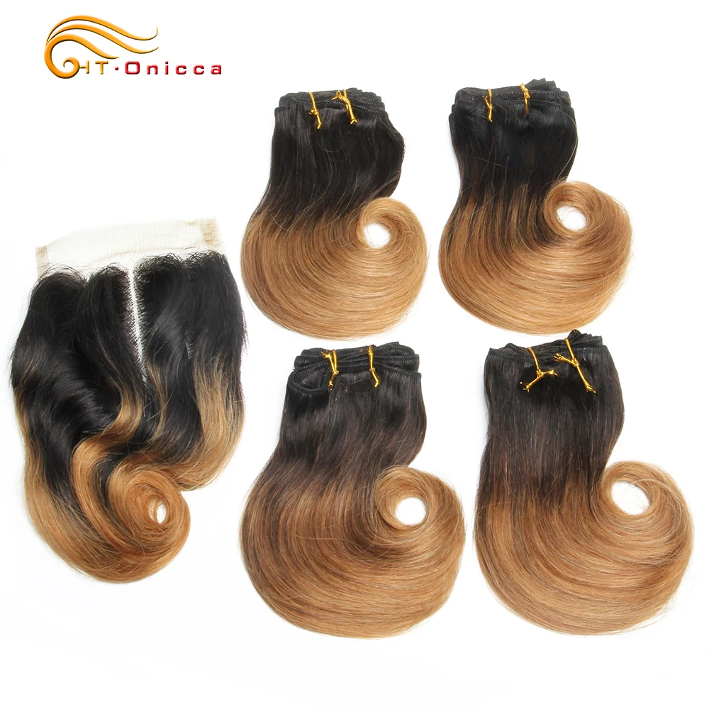 Mèches Indiennes Courtes et Bouclées 100% Naturelles, Cheveux Humains avec Closure, Ombré, 45g/Pièce, 4 Lots