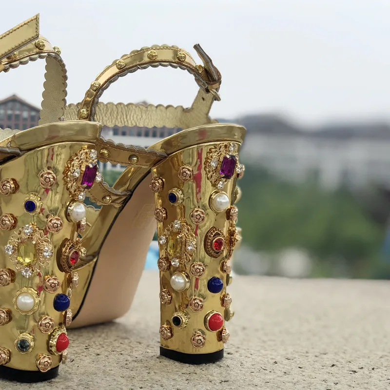 Women Chunky High Heels Shoes Platform Sandals For Women Rhinestone Metallic Gold Leather Shoes Woman Peep Toe Wedding Shoes