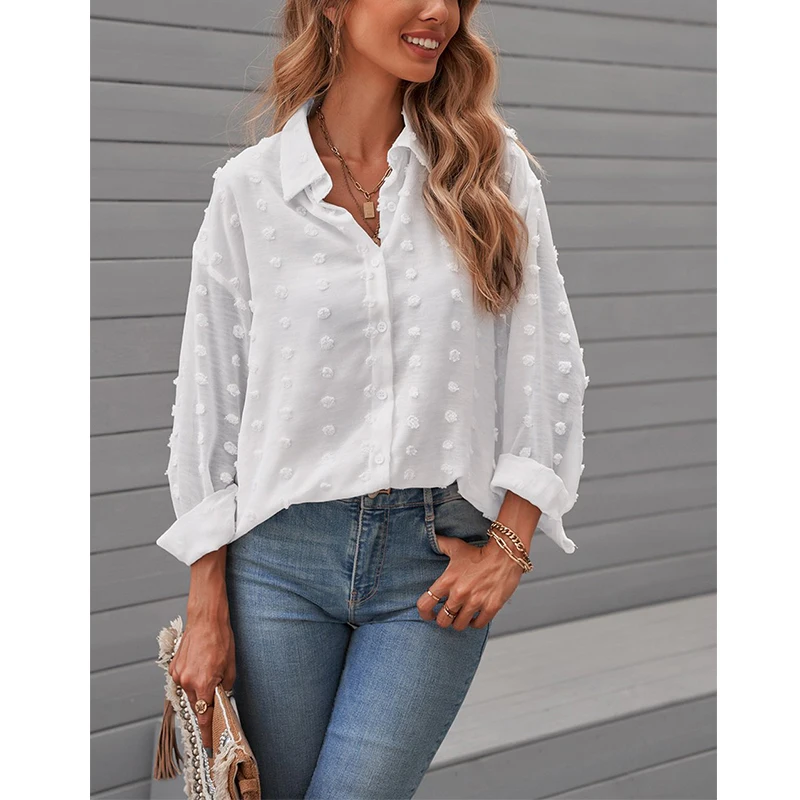 

Women's Long Sleeve Lapel Shirt Dot Chiffon 2021 Autumn New Jacquard Cardigan Open Button Commuter Top Single Breasted Thin