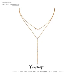 Yhpup Exquisite Bling Cubic Zirconia Layered Long Pendant Necklace Women 18 K Stainless Steel Chain Choker Necklace Accessories