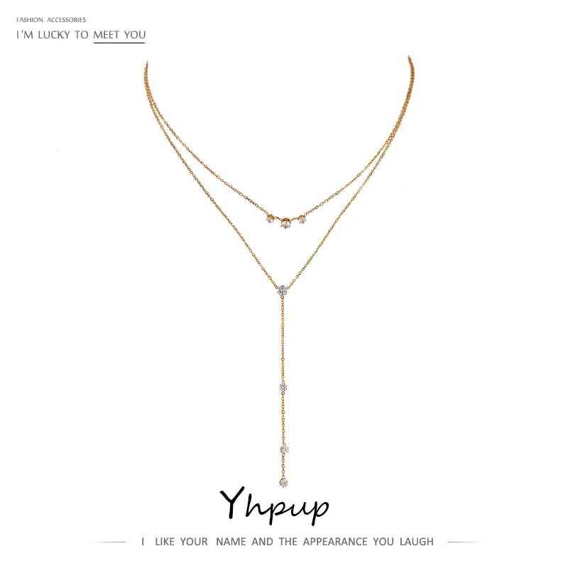 Yhpup wykwintne Bling cyrkonia warstwowy długi naszyjnik kobiety 18 K łańcuszek ze stali nierdzewnej Choker akcesoria naszyjnikowe