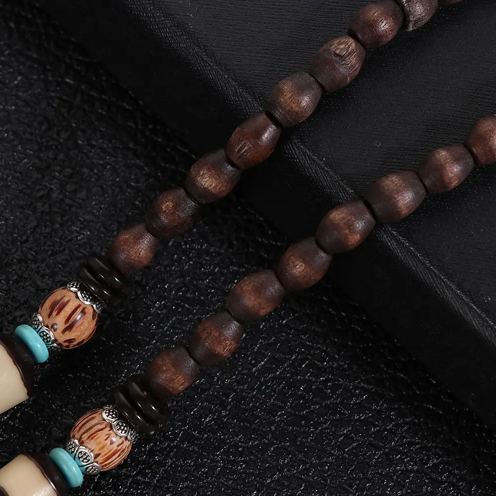 Festival Party Ethnic Jewelry Handmade Nepal Necklace Horn Fish Pendant Mala Wood Bead Buddhist