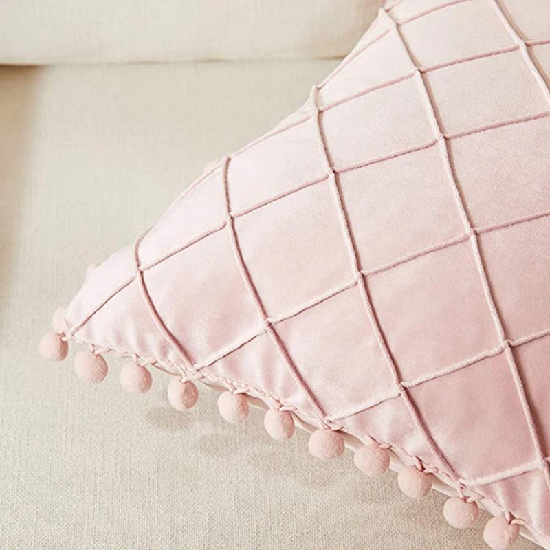 Inyahome Boho Decorative Throw Pillow Covers with Pom-poms Soft Velvet Plaid Lumbar Pink Cushion Case  for Living Room/Couch/Bed