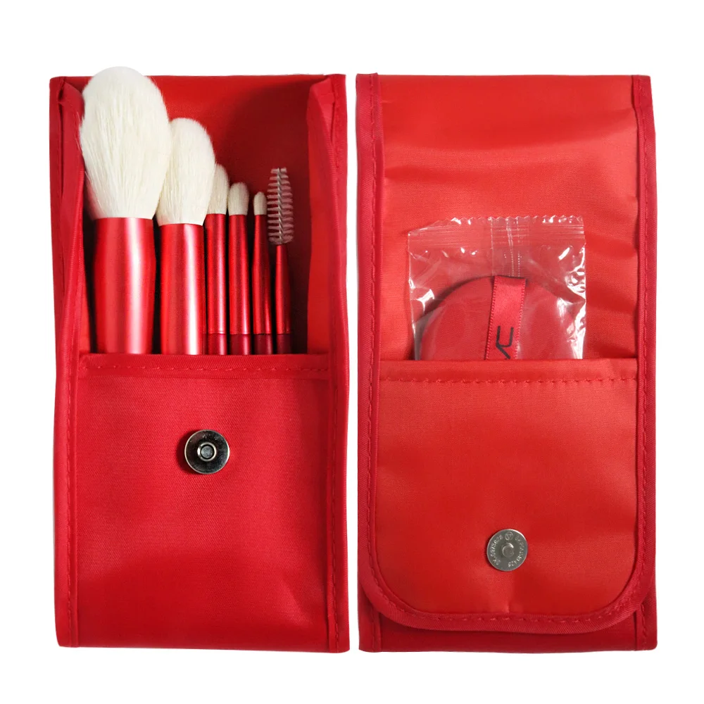 High Quality 6Pcs Natural Goat Hair Makeup Brush Set With Pouch & Air Puff Red Beauty Blending Powder Brush Eye Brush Kits