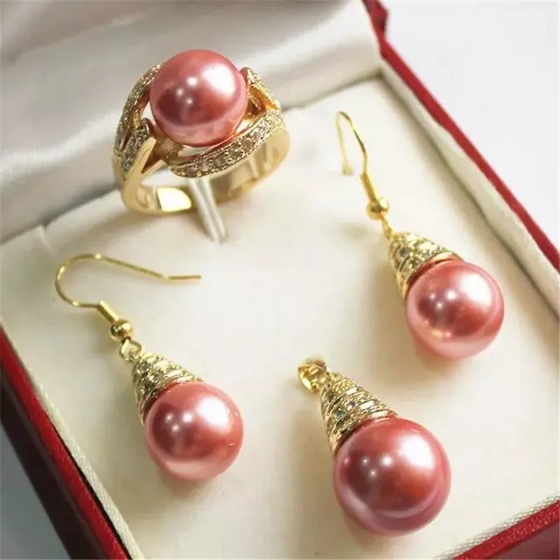 3PCS Vintage Shell Pearl Hook Earrings Round Beads Pendany Rings Jewelry Set for Women Fashion Wedding Party Accessories Gifts