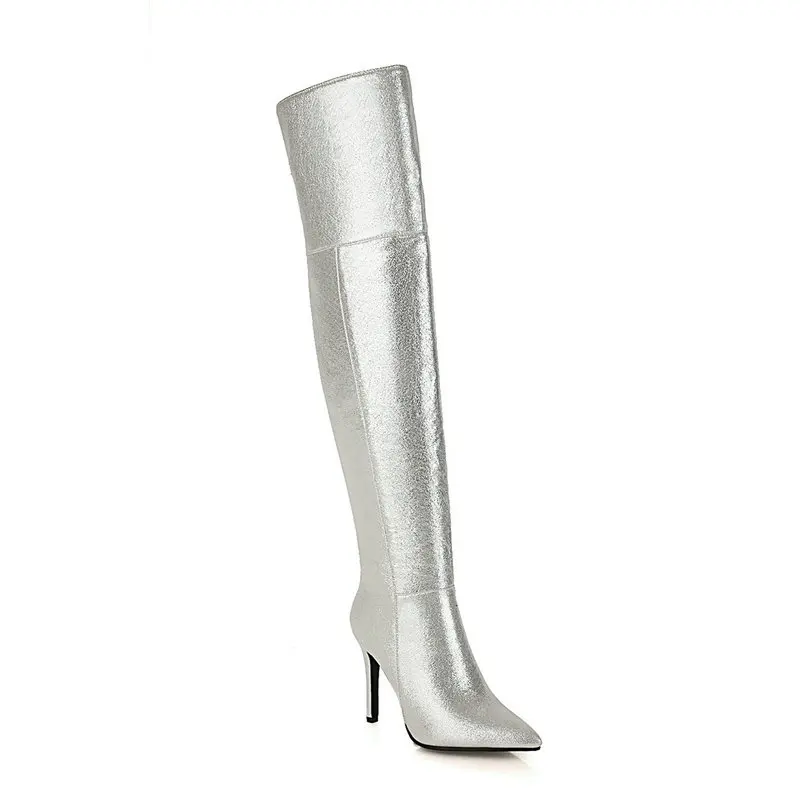 2020 New Women Over the Knee Boots Fashion Pointed Toe Thin High Heel Ladies Long Boots Zipper Women Winter Shoes Gold Sliver