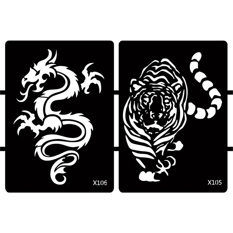 Xmasir 10 Sheet Large Glitter Airbrush Tattoo Stencil for Men, Wolf Tiger Dragon Templates For Back Arm Body Painting 13 x 19cm