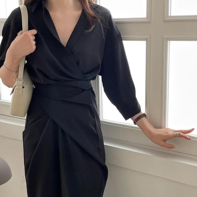 2021 New Women Summer Long Bandage Shirt Dress V Neck Slim Waist Wrap Dresses Maxi Sundress