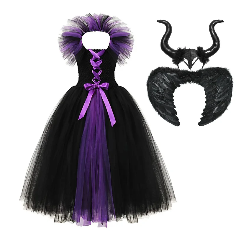 Halloween Costume for 2-12T Girl Maleficent 2 Dress Up Clothes Sleeveless Evil Queen Princess Tutu Dress with Devil Horn